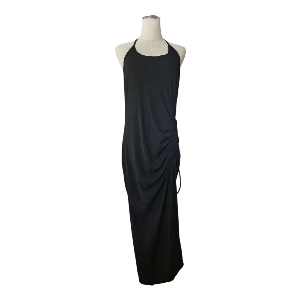 Halara Black Halter Midi Dress XL Backless Ruched Drawstring Side Y2K Minimalist